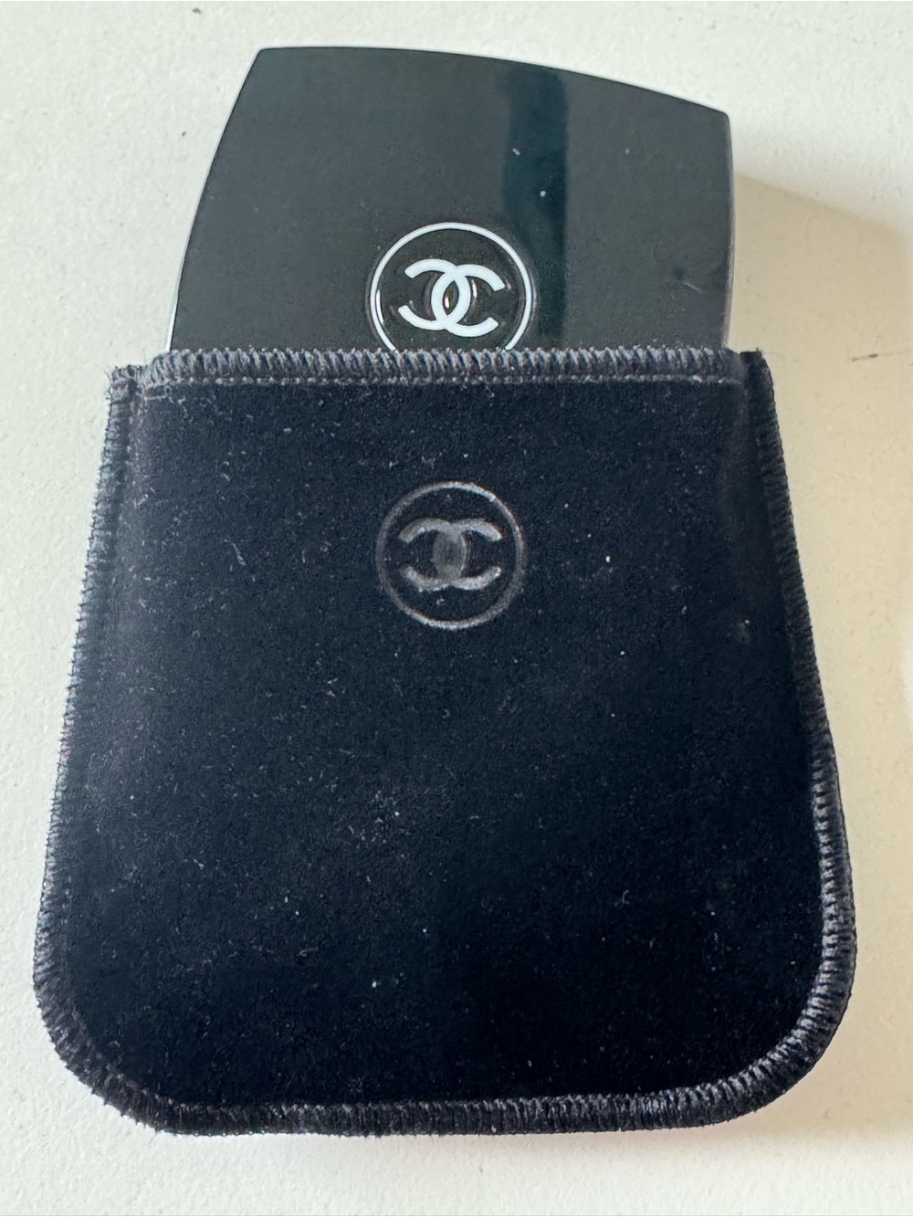 CHANEL Black Gloss Compact with Velvet Logo Pouch